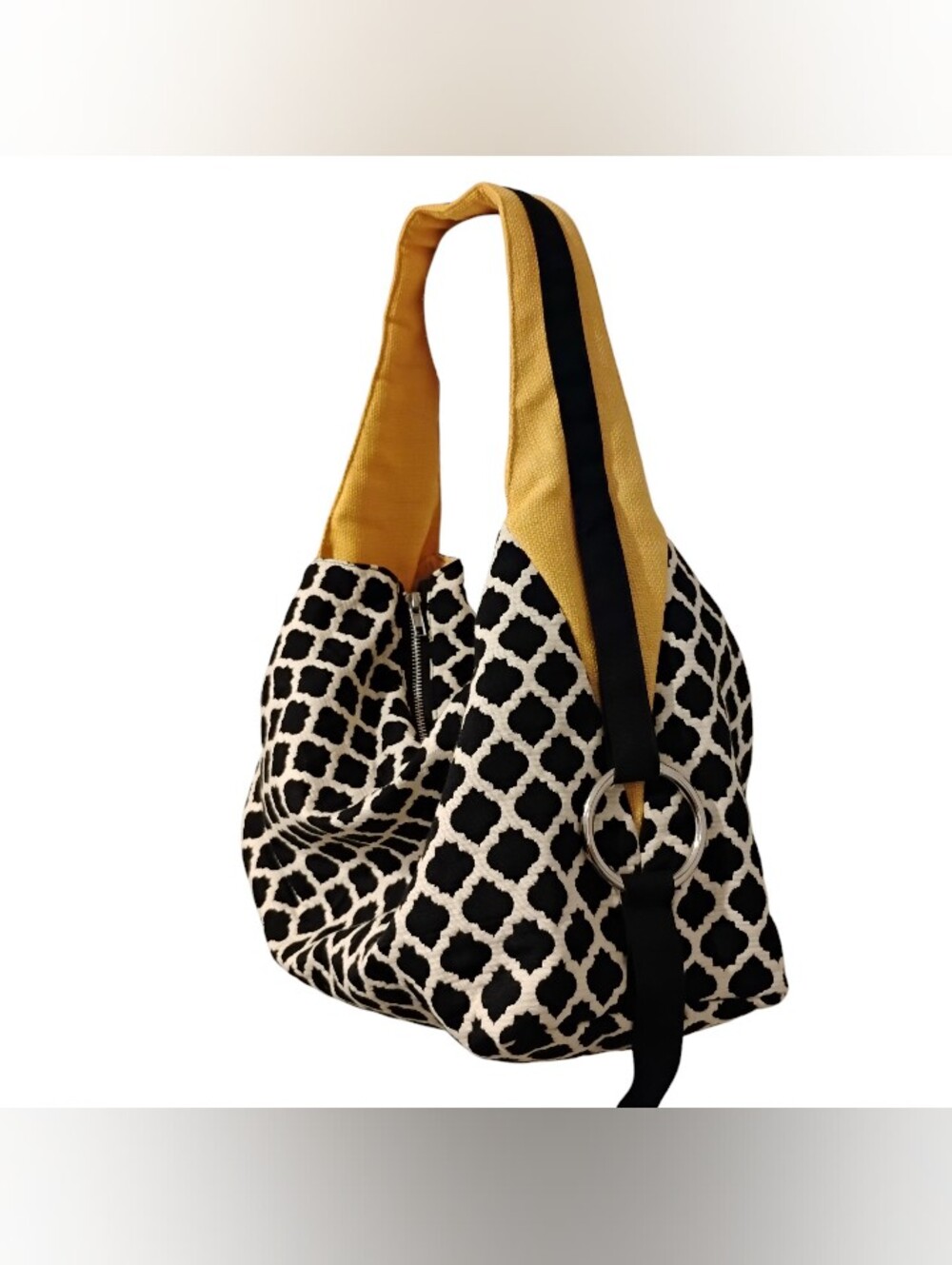 Lisa Lill 1154 Studio Hobo Bag Trellis Black Yellow Dot Lining Zip Slouchy Large